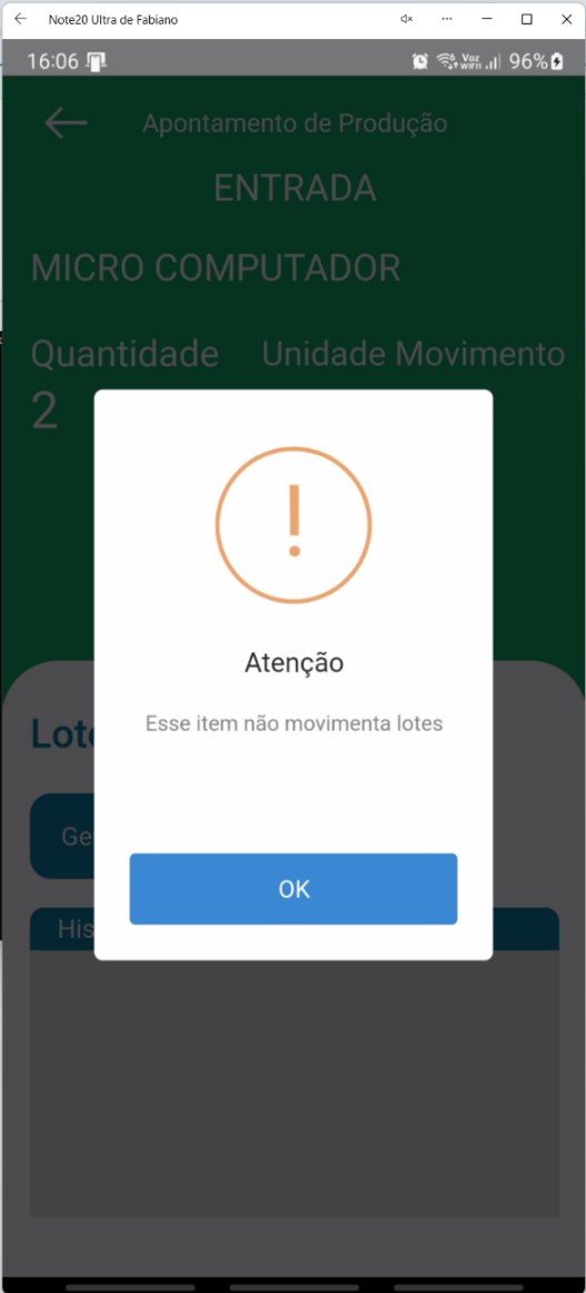 Aviso "Esse item não movimenta lotes." no aplicativo Teorema OP, com o botão OK