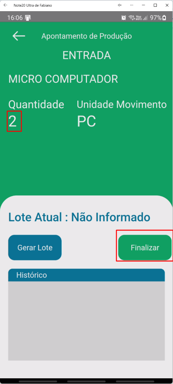 Tela Entrada no aplicativo Teorema OP com a quantidade informada e o botão Finalizar para concluir o registro da entrada