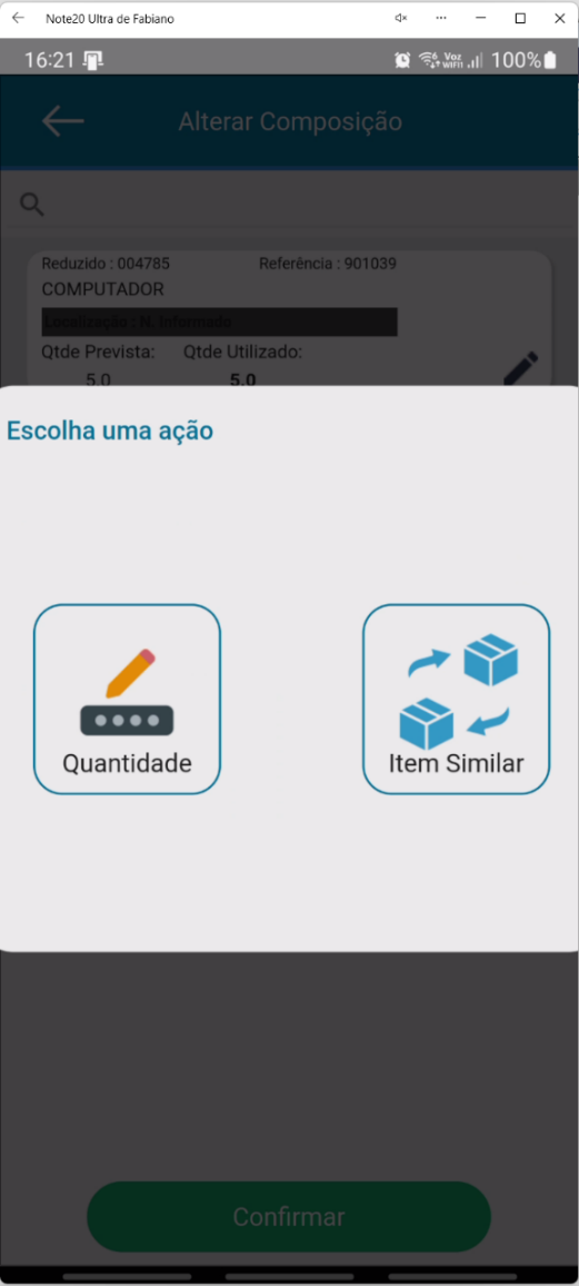 Tela Alterar Composição no aplicativo Teorema OP, com as opções Quantidade e Item Similar