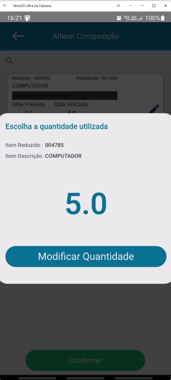 Tela de ajuste de quantidade no aplicativo Teorema OP, com o item da composição, a quantidade utilizada em destaque e o botão Modificar Quantidade