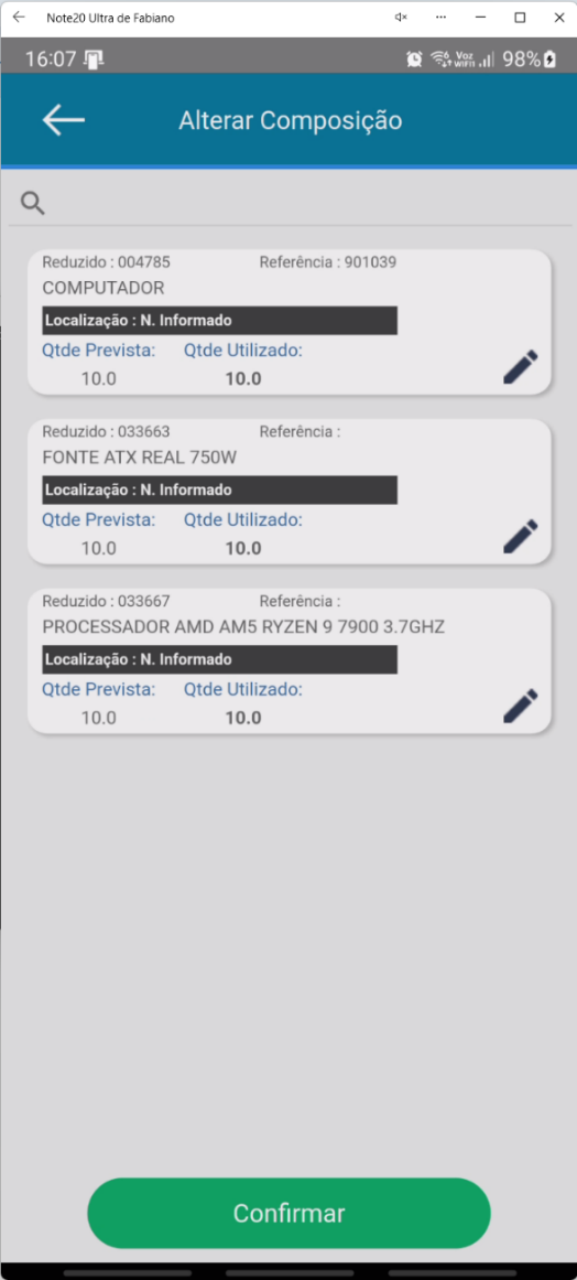Tela de itens da composição no aplicativo Teorema OP, com a lista de itens, suas quantidades prevista e utilizada e o ícone de edição (lápis) em cada item