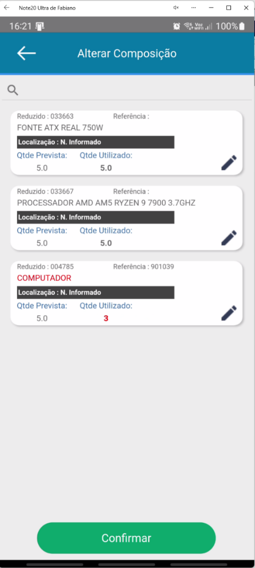 Tela de itens da composição no aplicativo Teorema OP com a quantidade utilizada do item COMPUTADOR atualizada para 3 em destaque