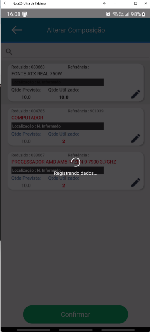 Tela de processamento no aplicativo Teorema OP com a mensagem "Registrando dados..." durante a gravação das alterações da composição