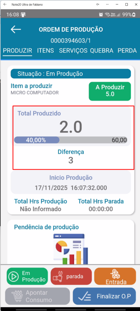 Tela principal da Ordem de Produção no aplicativo Teorema OP com Total Produzido de 2,0 unidades (40%) e Diferença de 3 unidades