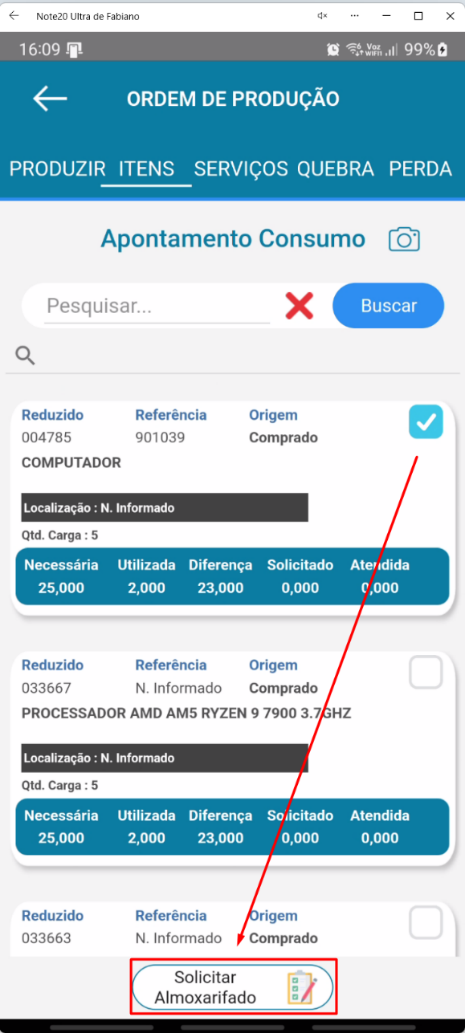 Tela Apontamento Consumo no aplicativo Teorema OP, com a lista de itens, suas quantidades e o botão Solicitar Almoxarifado no rodapé