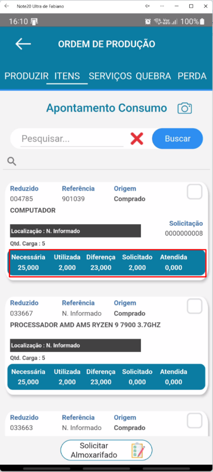 Tela Apontamento Consumo no aplicativo Teorema OP exibindo os indicadores Necessária, Utilizada, Diferença, Solicitado e Atendida para cada item da composição