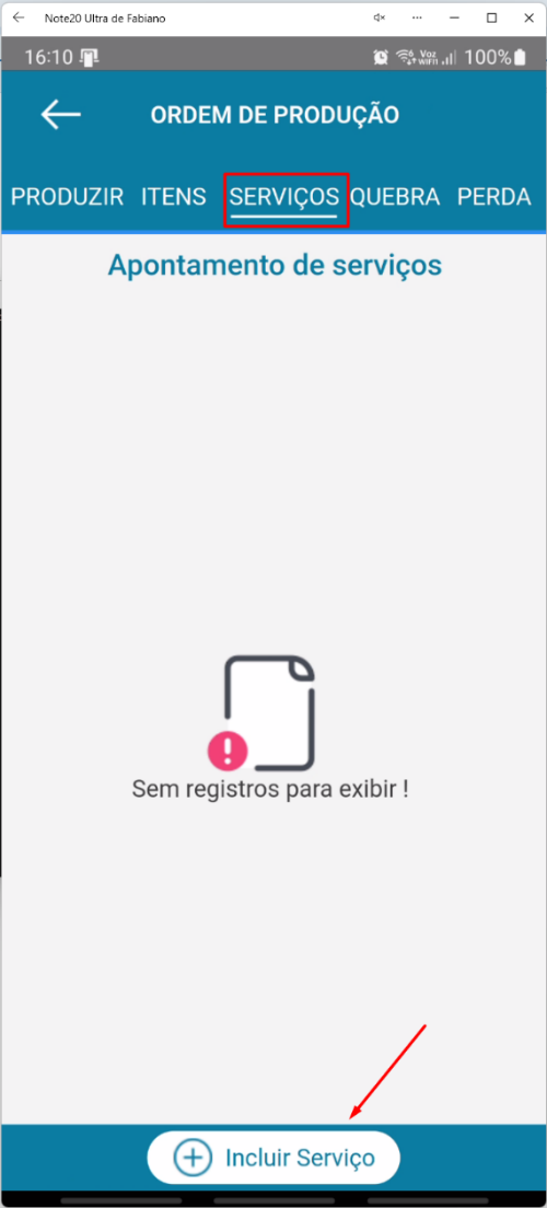 Tela de Apontamento de Serviços no aplicativo Teorema OP, com a mensagem "Sem registros para exibir!" e o botão Incluir Serviço