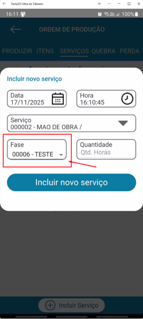 Tela Incluir novo serviço no aplicativo Teorema OP, com os campos Serviço, Fase e Quantidade, e o campo Fase em destaque