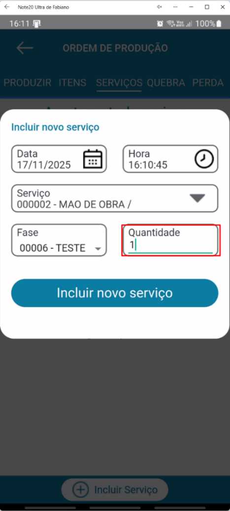 Tela Incluir novo serviço no aplicativo Teorema OP com o campo Quantidade em destaque