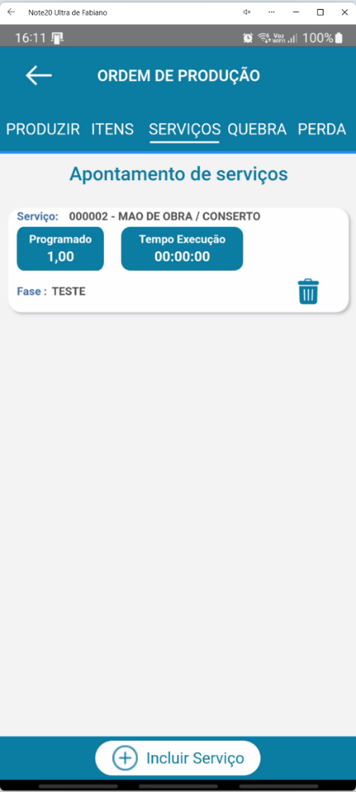 Lista de Apontamento de serviços no aplicativo Teorema OP, exibindo o serviço incluído com as colunas Serviço, Programado, Tempo Execução e Fase