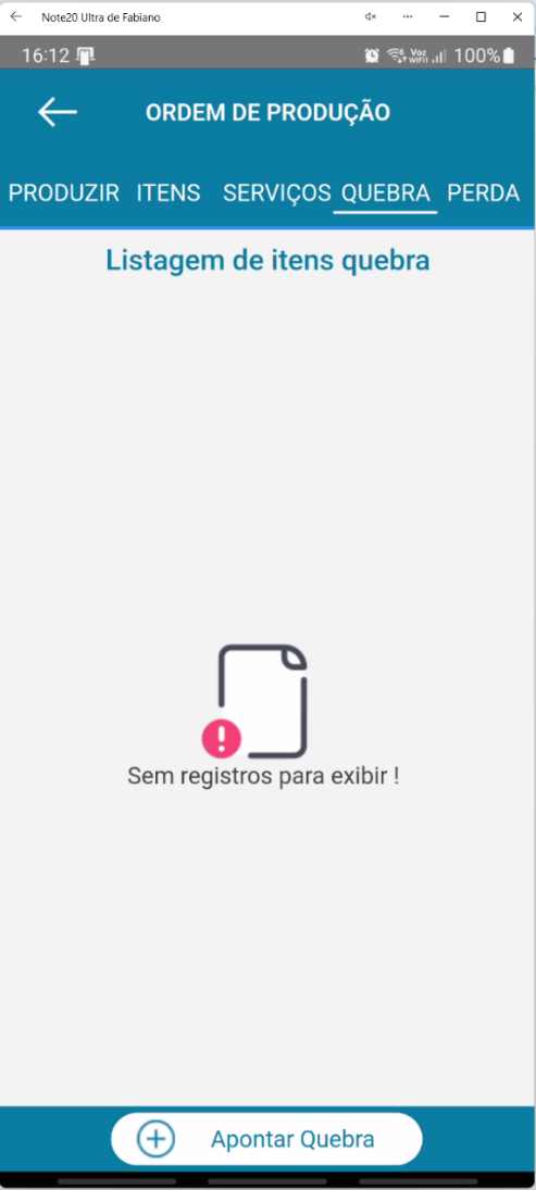 Tela de listagem de itens quebra no aplicativo Teorema OP, com a mensagem "Sem registros para exibir!" e o botão Apontar Quebra