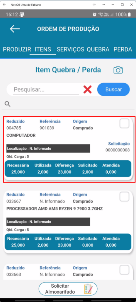 Tela de seleção de item para quebra/perda no aplicativo Teorema OP, com os itens da OP, caixas de seleção e as quantidades de cada item