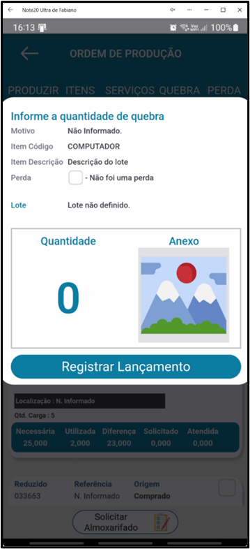 Tela de registro de quebra/perda no aplicativo Teorema OP, com os campos Motivo, Item, Perda, Lote, Quantidade, Anexo e o botão Registrar Lançamento