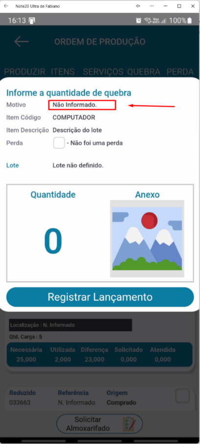 Tela de registro de quebra/perda no aplicativo Teorema OP com o campo Motivo: Não Informado em destaque
