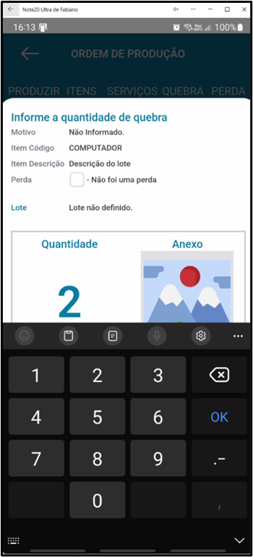 Tela de registro de quebra/perda no aplicativo Teorema OP com o campo de quantidade em foco e o teclado numérico aberto