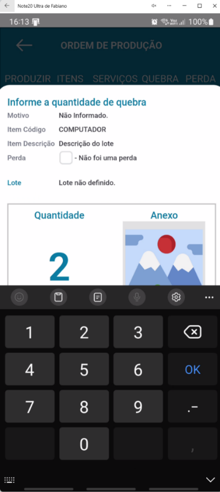 Tela de registro de quebra/perda no aplicativo Teorema OP com a quantidade "2" informada e o teclado numérico aberto