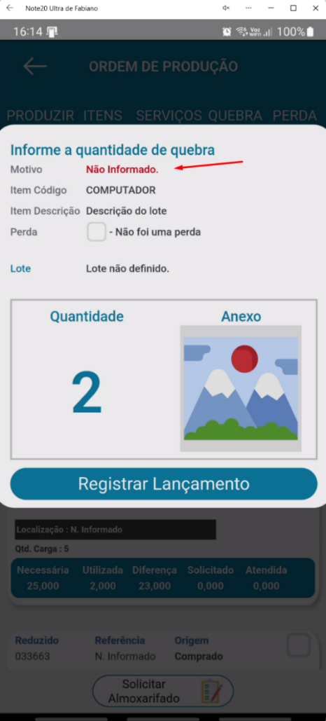Tela de registro de quebra/perda no aplicativo Teorema OP com o campo Motivo em destaque e a quantidade 2 preenchida