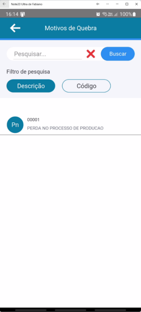 Lista de motivos de quebra/perda no aplicativo Teorema OP, com campo de busca e a opção 00001 – PERDA NO PROCESSO DE PRODUÇÃO