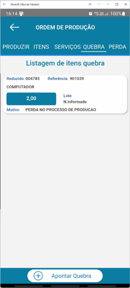 Listagem de itens quebra no aplicativo Teorema OP, exibindo o item registrado com quantidade 2,00, lote Não Informado e o motivo Perda no processo de produção