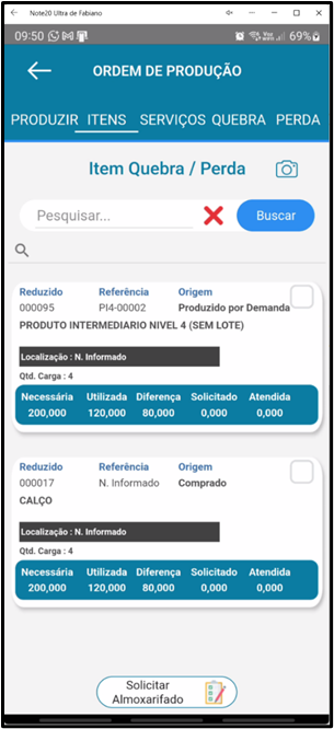 Tela de seleção de item para quebra/perda no aplicativo Teorema OP, com o checkbox de seleção e os dados do item