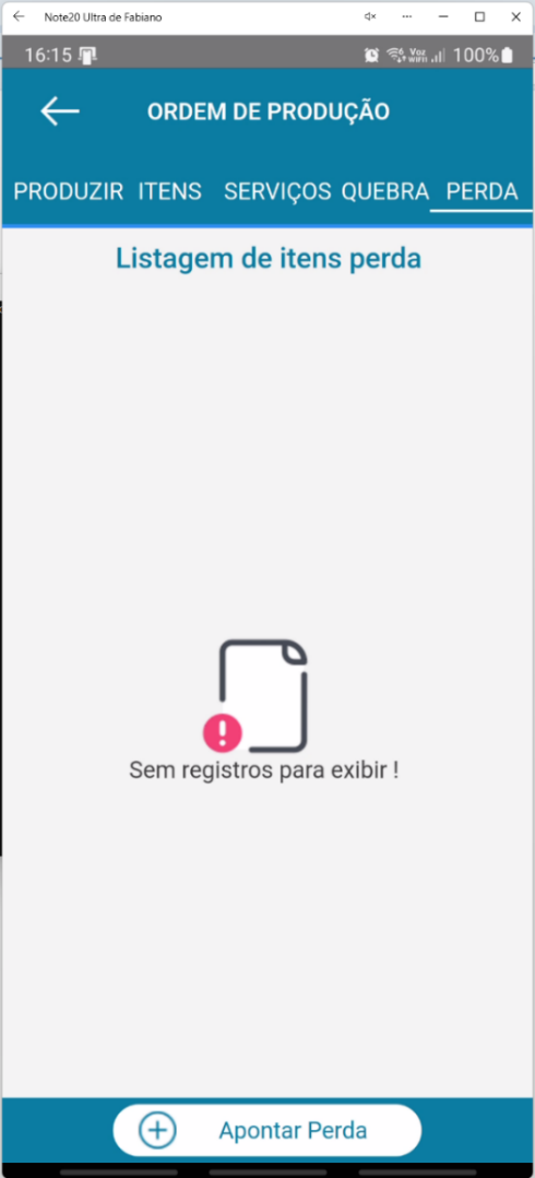 Tela de listagem de itens perda no aplicativo Teorema OP, com a mensagem "Sem registros para exibir!" e o botão Apontar Perda