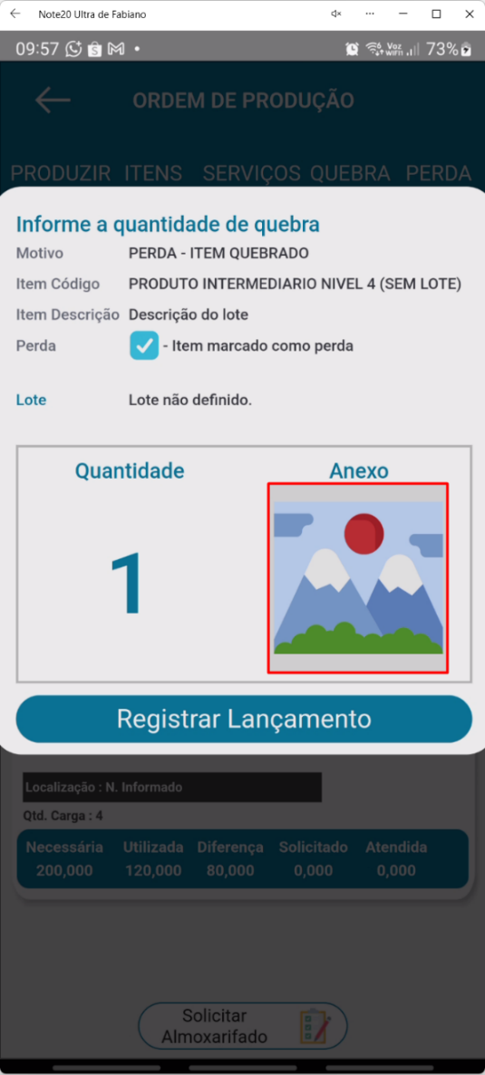 Tela de registro de perda no aplicativo Teorema OP, com os campos Motivo da Perda, Item, Perda, Lote, Quantidade, Anexo e o botão Registrar Lançamento