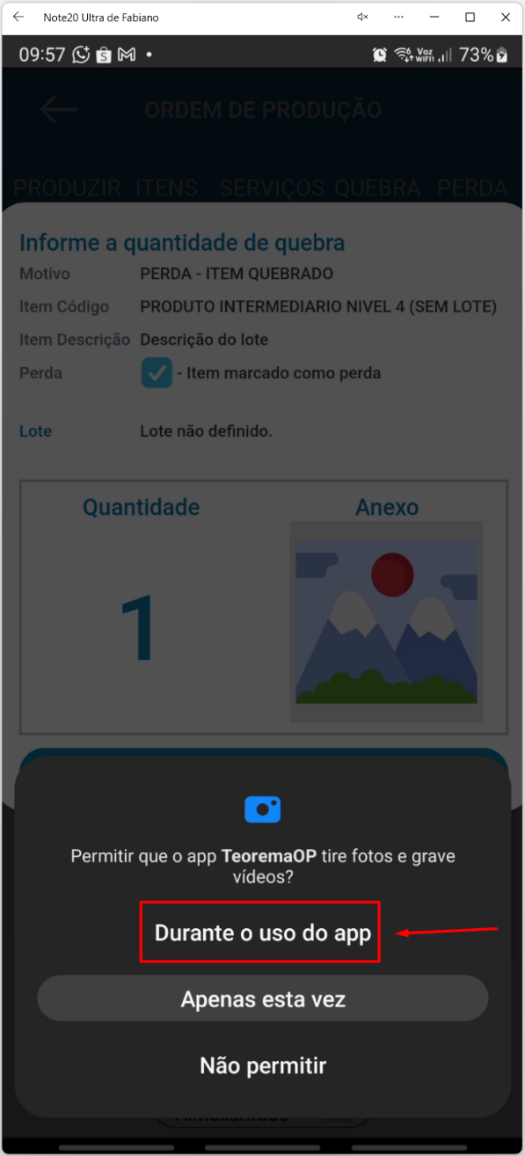 Janela de permissão de câmera no aplicativo Teorema OP, com a mensagem "Permitir que o app TeoremaOP tire fotos e grave vídeos?" e as opções de autorização