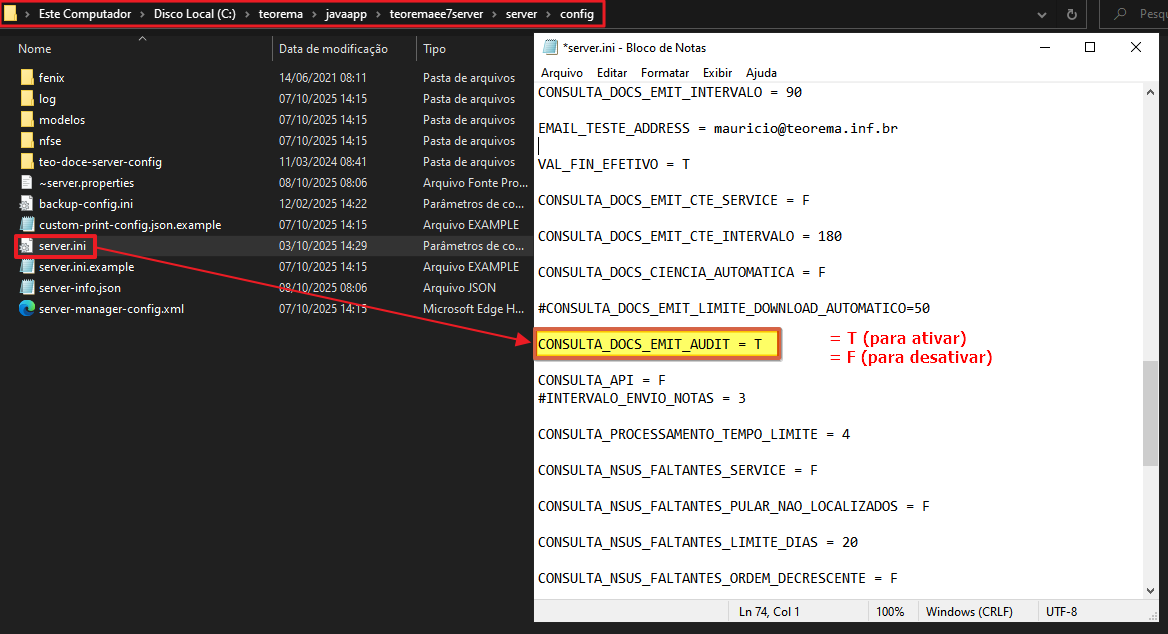 Explorador de arquivos aberto em C:\teorema\javaapp\teoremaee7server\server\config com arquivo server.ini selecionado; Bloco de Notas exibindo o conteúdo do server.ini com a linha "CONSULTA_DOCS_EMIT_AUDIT = T" destacada e anotação "= T (para ativar) / = F (para desativar)"