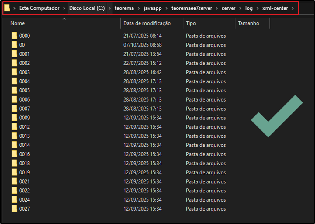 Explorador de arquivos em C:\teorema\javaapp\teoremaee7server\server\log\xml-center exibindo lista de pastas com códigos de empresa (0000, 00, 0001, 0002, 0003, 0004, 0005, 0006, 0007, 0009, 0012, 0013, 0014, 0016, 0018, 0019, 0021, 0022, 0024, 0027)