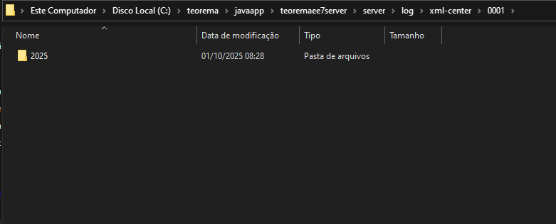 Explorador de arquivos em xml-center\0001 exibindo pasta "2025" com data de modificação 01/10/2025 08:28