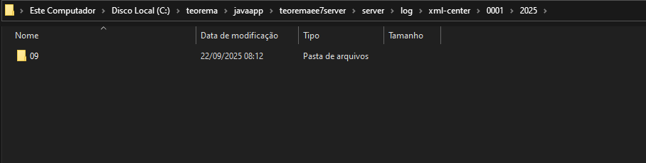 Explorador de arquivos em xml-center\0001\2025 exibindo pasta "09" com data de modificação 22/09/2025 08:12