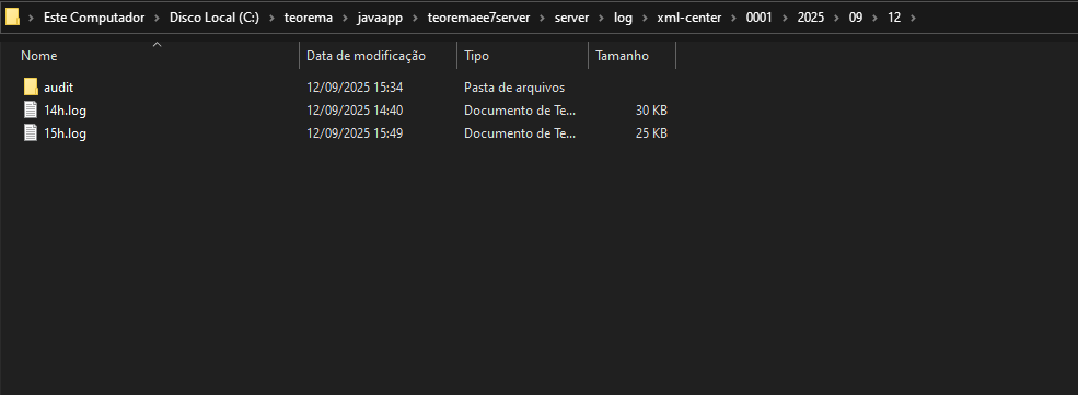 Explorador de arquivos em xml-center\0001\2025\09\12 exibindo pasta "audit", arquivo "14h.log" (30 KB, 12/09/2025 14:40) e arquivo "15h.log" (25 KB, 12/09/2025 15:49)