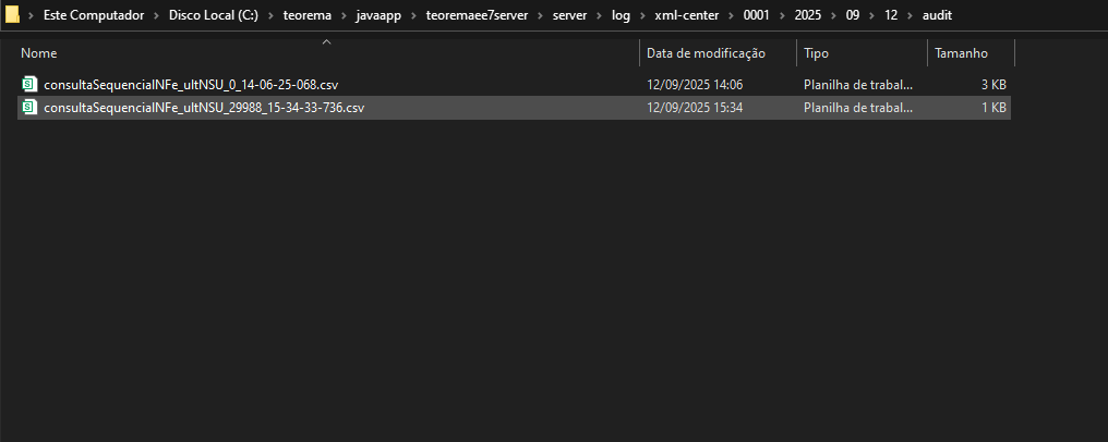 Explorador de arquivos em xml-center\0001\2025\09\12\audit exibindo dois arquivos CSV: "consultaSequencialNFe_ultNSU_0_14-06-25-068.csv" (3 KB, 12/09/2025 14:06) e "consultaSequencialNFe_ultNSU_29988_15-34-33-736.csv" (1 KB, 12/09/2025 15:34)