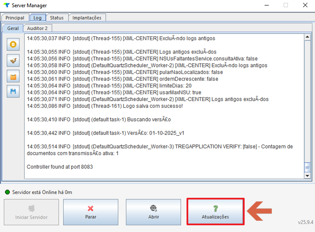 Server Manager com aba Log exibindo registros de eventos do servidor; botão "Atualizações" destacado na barra inferior ao lado dos botões "Parar", "Abrir" e "Iniciar Servidor"
