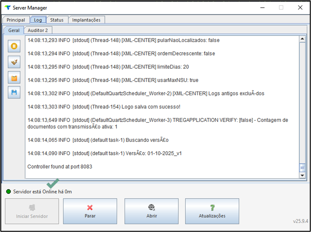 Server Manager — aba Log com registros de execução; rodapé exibindo "Servidor está Online há 0m" e botões "Iniciar Servidor", "Parar", "Abrir" e "Atualizações"; versão v25.9.4 indicada no canto inferior direito