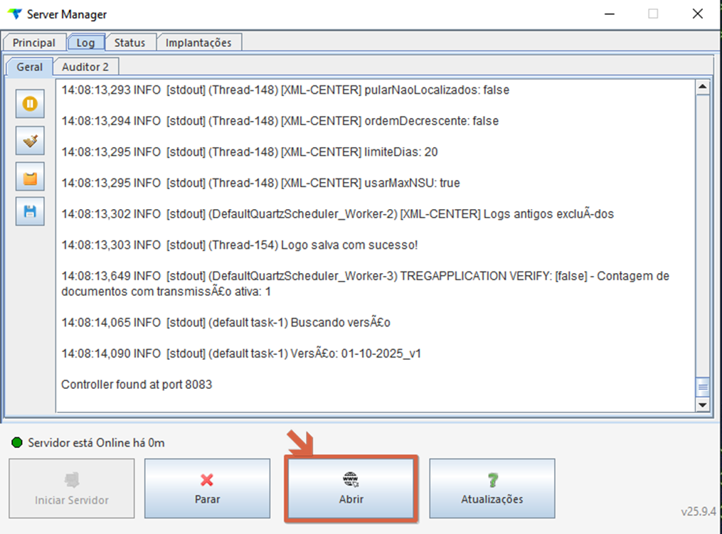 Server Manager — aba Log com logs de execução; rodapé com status "Servidor está Online há 0m" e botão "Abrir" destacado na barra de ações inferiores