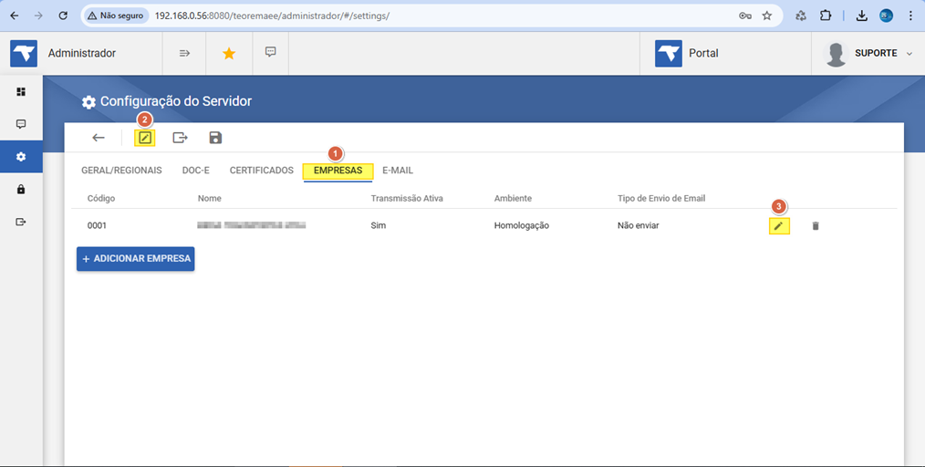 Tela Configuração do Servidor — aba Empresas com marcação de passo 1 na aba e passo 2 no ícone de editar; lista exibe empresa código 0001 com colunas Transmissão Ativa "Sim", Ambiente "Homologação" e Tipo de Envio de Email "Não enviar"; botão "+ ADICIONAR EMPRESA" visível
