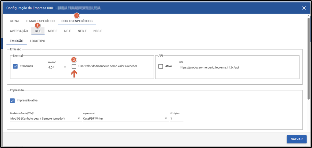 Janela Configuração da Empresa — aba DOC-ES ESPECÍFICOS, subaba CT-E selecionada; seção Emissão/Normal com checkbox "Usar valor do financeiro como valor a receber" desmarcado (passo 3 indicado); campos Transmitir marcado, Versão 4.0; seção Impressão com "Impressão ativa" marcada, Modelo do Dacte "Mod 06 (Canhoto peq. / Sempre tomador)", Impressora "CutePDF Writer", Nº cópias 1; botão SALVAR no rodapé