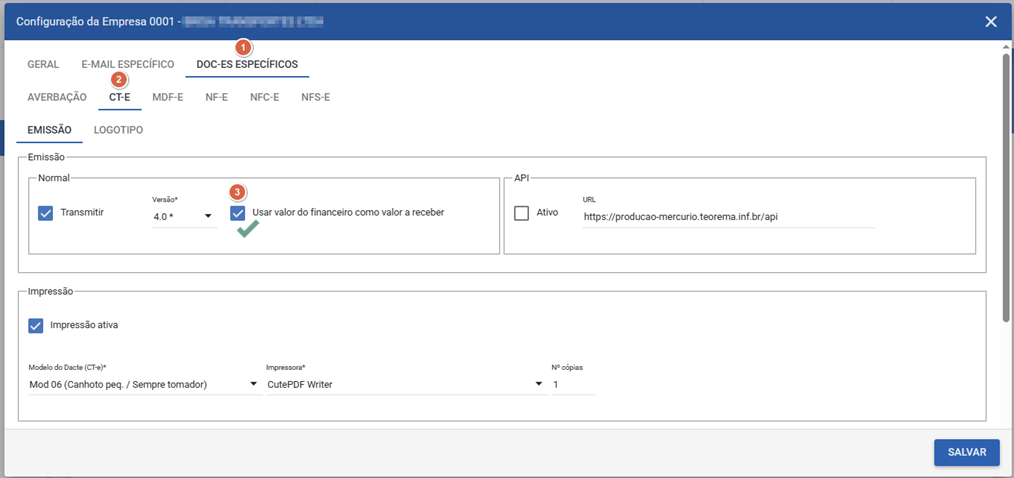 Janela Configuração da Empresa — aba DOC-ES ESPECÍFICOS, subaba CT-E; checkbox "Usar valor do financeiro como valor a receber" marcado com ícone de confirmação; demais campos idênticos à tela anterior; botão SALVAR visível