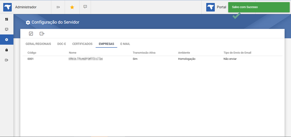 Tela Configuração do Servidor — aba Empresas com notificação "Salvo com Sucesso" exibida no canto superior direito; lista com empresa código 0001