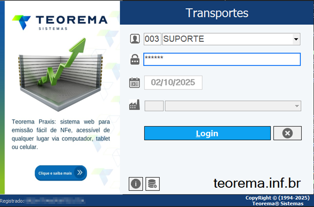 Tela de login do módulo Transportes com campos: código de empresa "003", usuário "SUPORTE", senha, data "02/10/2025" e campo de filial; botão "Login" e ícone de limpar; rodapé "Teorema® Sistemas" e "CopyRight © (1994-2025)"