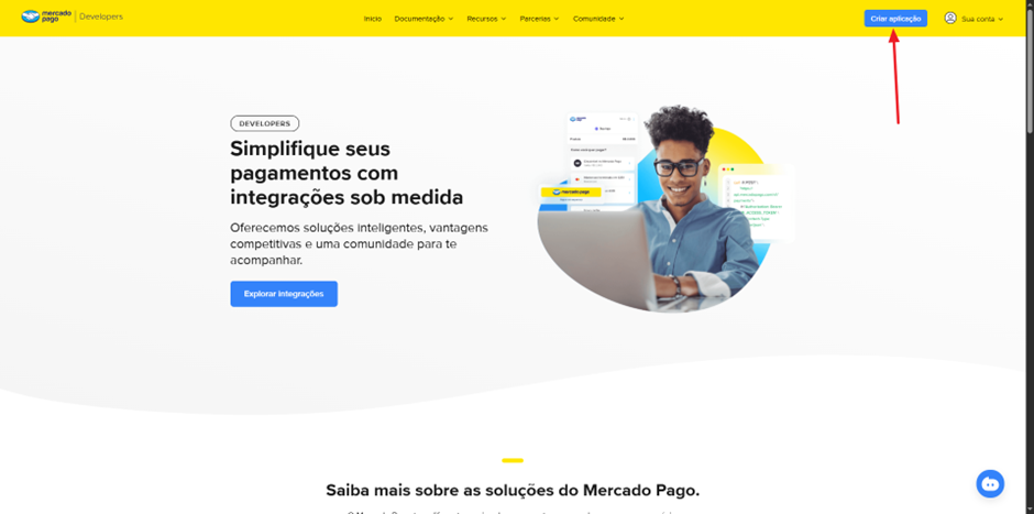 Portal Mercado Pago Developers com botão "Criar aplicação" no canto superior direito e menu de navegação com Início, Documentação, Recursos, Parcerias e Comunidade