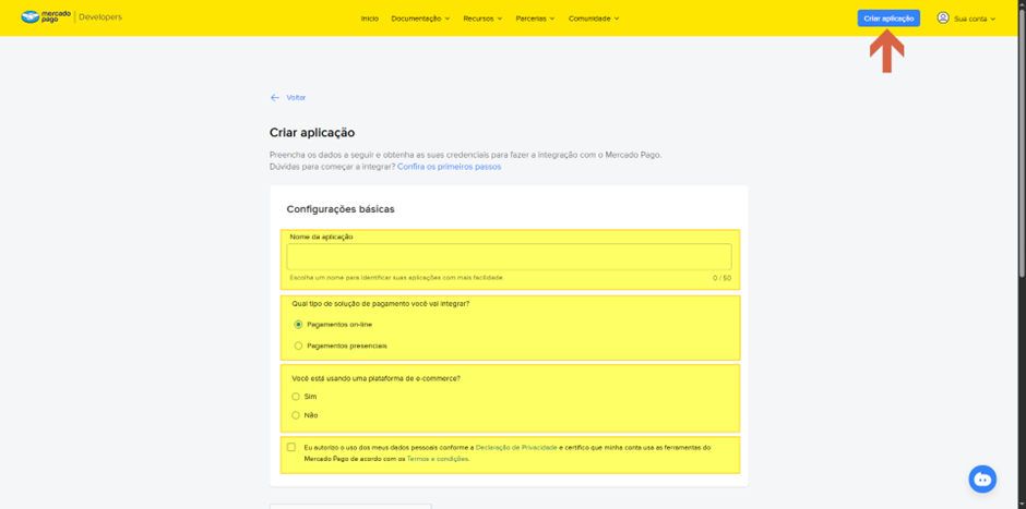 Formulário "Criar aplicação" do Mercado Pago Developers com seção "Configurações básicas", campo "Nome da aplicação", opções "Pagamentos on-line" e "Pagamentos presenciais", pergunta sobre uso de plataforma de e-commerce e checkbox de aceite da Declaração de Privacidade e Termos e condições
