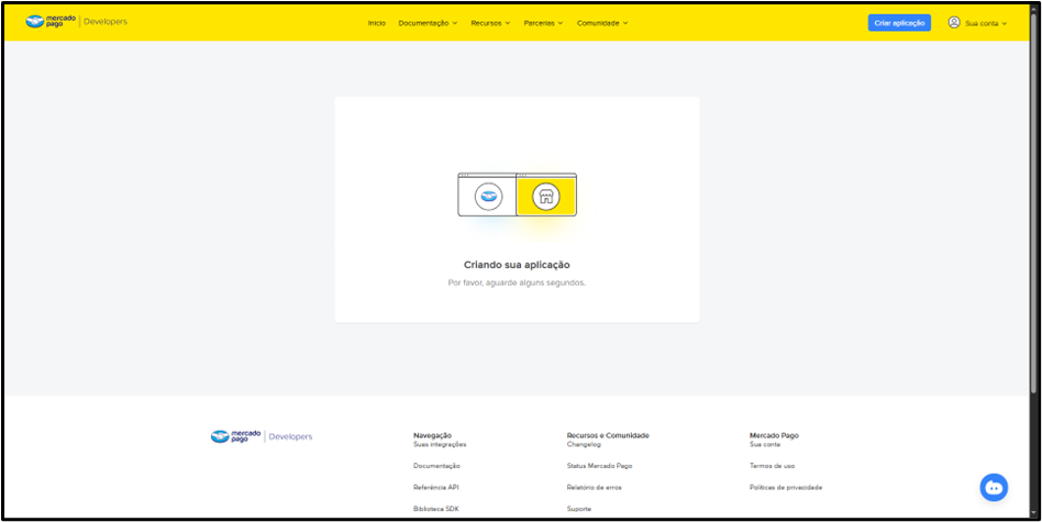 Tela do Mercado Pago Developers com mensagem "Criando sua aplicação" e texto "Por favor, aguarde alguns segundos"
