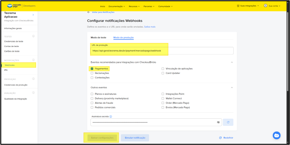 Tela "Configurar notificações Webhooks" do Mercado Pago Developers com abas "Modo de teste" e "Modo de produção". Campo "URL de produção" preenchido com "https://api-geral.teorema.dev.br/payment/mercadopago/webhook". Seção "Eventos recomendados para integrações com CheckoutBricks" com "Pagamentos" marcado. Botões "Salvar configurações" e "Simular notificação" no rodapé