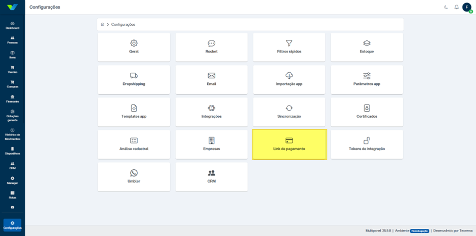 Tela Configurações do sistema com grade de módulos: Geral, Rocket, Filtros rápidos, Estoque, Dropshipping, Email, Importação app, Parâmetros app, Templates app, Integrações, Sincronização, Certificados, Análise cadastral, Empresas, Link de pagamento (destacado), Tokens de integração, Umbler, CRM. Rodapé exibe "Multipanel 25.9.8"