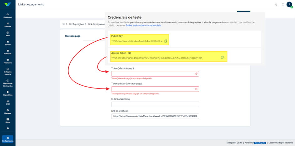 Tela "Links de pagamento > Mercado Pago" com painel "Credenciais de teste" sobreposto exibindo campos Public Key e Access Token. Abaixo, campos "Token (Mercado pago)" e "Token público (Mercado pago)" vazios e com indicação de preenchimento obrigatório, campo "Id da fila Rabbitmq" e campo "Link do webhook" preenchido automaticamente