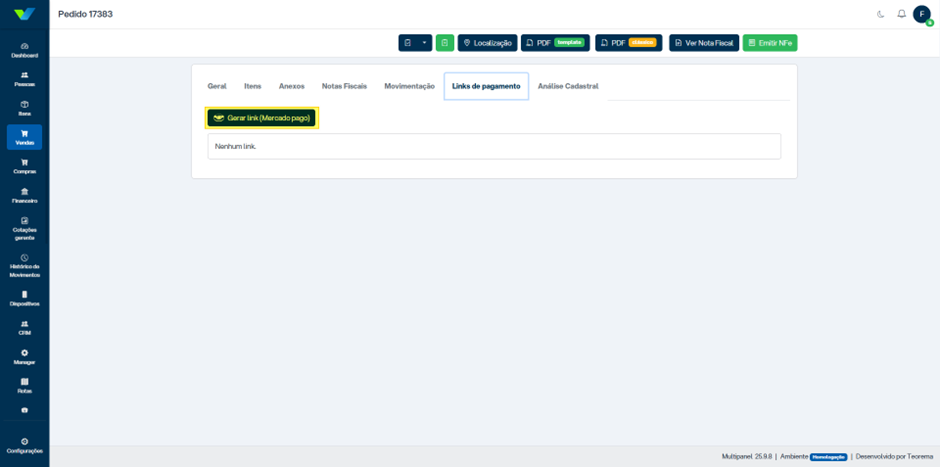 Tela do pedido 17383 com abas Geral, Itens, Anexos, Notas Fiscais, Movimentação, Links de pagamento e Análise Cadastral. Aba "Links de pagamento" ativa com botão "Gerar link (Mercado pago)" destacado e área exibindo mensagem "Nenhum link."