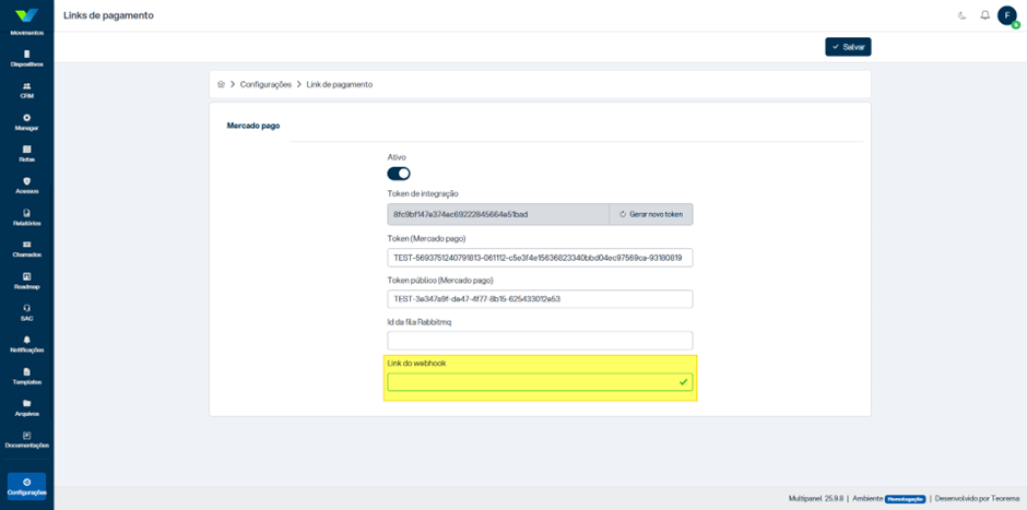 Tela "Links de pagamento > Mercado Pago" com toggle Ativo habilitado, campos Token de integração, Token (Mercado pago), Token público (Mercado pago), Id da fila Rabbitmq e campo "Link do webhook" vazio em destaque