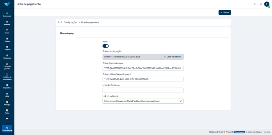 Tela "Links de pagamento > Mercado Pago" com campo "Link do webhook" preenchido com URL "https://orion2.teorema.inf.br/v1/webhook/vendor/cnpj/token" e checkmark verde indicando validação bem-sucedida